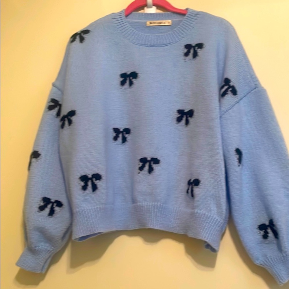 Blue Crewneck Sweater with Black Bow Accents